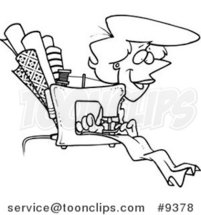 Cartoon Black and White Line Drawing of a Seamstress Sewing by Toonaday