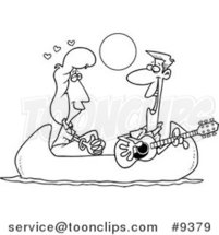 Cartoon Black and White Line Drawing of a Couple on a Romantic Date in a Canoe by Toonaday