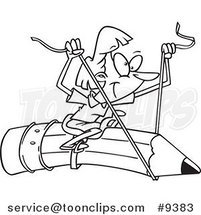 Cartoon Black and White Line Drawing of a Business Woman Riding a Pencil by Toonaday