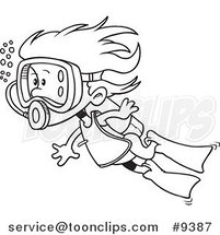 Cartoon Black and White Line Drawing of a Scuba Girl Swimming by Toonaday