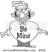 Cartoon Line Art Design of a Grinning Guy with a Be Mine Valentine Heart Body by Toonaday