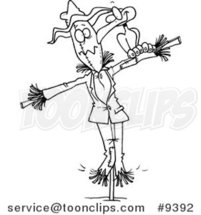 Cartoon Black and White Line Drawing of a Crow on a Scarecrow by Toonaday