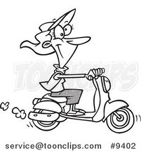 Cartoon Black and White Line Drawing of a Lady on a Scooter by Toonaday