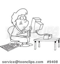 Cartoon Black and White Line Drawing of a Lady Holding a Computer Monitor and Searching by Toonaday