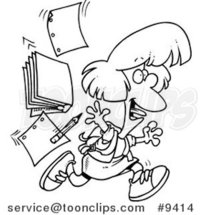 Cartoon Black and White Line Drawing of a Happy School Girl Leaving for Vacation by Toonaday