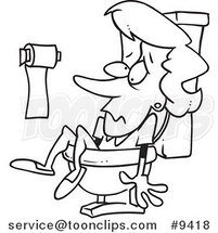 Cartoon Black and White Line Drawing of a Lady Stuck in a Toilet by Toonaday