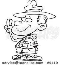 Cartoon Black and White Line Drawing of a Boy Scout Taking an Oath by Toonaday