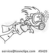 Cartoon Black and White Line Drawing of a Scuba Diving Boy by Toonaday