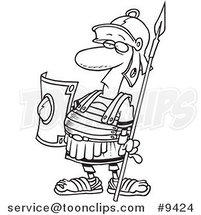 Cartoon Black and White Line Drawing of a Centurion Guard by Toonaday