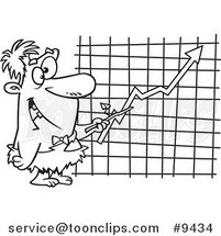 Cartoon Black and White Line Drawing of a Caveman Executive Pointing to a Chart by Toonaday