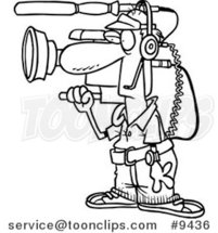 Cartoon Black and White Line Drawing of a Working Camera Guy by Toonaday