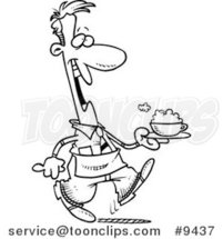 Cartoon Black and White Line Drawing of a Waiter Serving a Cappuccino by Toonaday