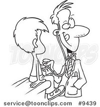 Cartoon Black and White Line Drawing of a Pediatrician with a Client by Toonaday