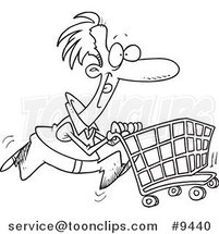 Cartoon Black and White Line Drawing of a Guy Pushing a Shopping Cart by Toonaday