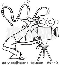 Cartoon Black and White Line Drawing of a Camera Guy with Crazy Film by Toonaday