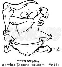 Cartoon Black and White Line Drawing of a Caveman Running with a Torch by Toonaday