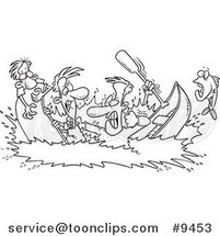 Cartoon Black and White Line Drawing of Men in a Canoe War by Toonaday