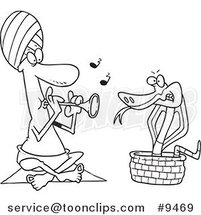 Cartoon Black and White Line Drawing of a Snake Charmer by Toonaday