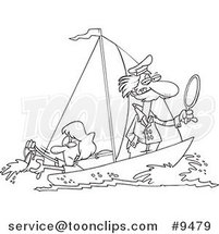 Cartoon Black and White Line Drawing of a Lady Scooping Buckets of Water out of a Sailboat by Toonaday