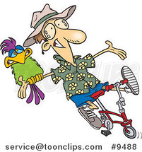 Cartoon Carefree Guy on a Bike with a Parrot by Toonaday