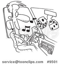 Cartoon Black and White Line Drawing of a Guy Listing to Tunes in His Car by Toonaday