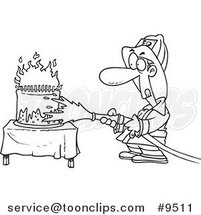 Cartoon Black and White Line Drawing of a Firefighter Extinguishing a Birthday Cake by Toonaday