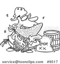 Cartoon Black and White Line Drawing of a Stinky Camp Cook by Toonaday