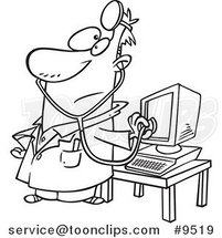 Cartoon Black and White Line Drawing of a Computer Doctor by Toonaday