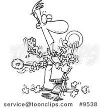 Cartoon Black and White Line Drawing of a Guy Spring Cleaning by Toonaday