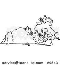 Cartoon Black and White Line Drawing of a Caveman Chiseling a Boulder by Toonaday