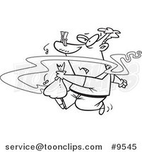 Cartoon Black and White Line Drawing of a Guy Taking out Smelly Garbage by Toonaday