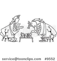 Cartoon Black and White Line Drawing of Guys Playing Chess by Toonaday