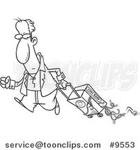 Cartoon Black and White Line Drawing of a Guy Hauling Spaghetti in His Suitcase by Toonaday