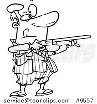 Cartoon Black and White Line Drawing of a Guy Shooting Clay Pigeons by Toonaday