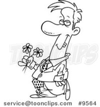 Cartoon Black and White Line Drawing of a Clashing Guy Carrying Flowers by Toonaday