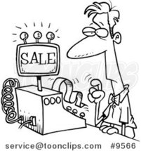 Cartoon Black and White Line Drawing of a Guy Ringing in a Sale by Toonaday