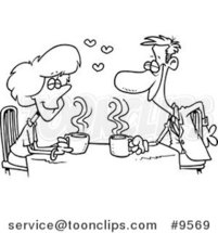 Cartoon Black and White Line Drawing of Coffee Lovers on a Date by Toonaday