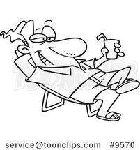 Cartoon Black and White Line Drawing of a Guy Lounging and Holding a Cold Drink by Toonaday