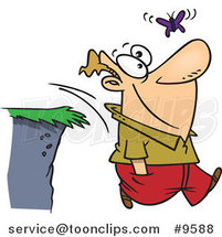 Cartoon Guy Walking off a Cliff While Following a Butterfly by Toonaday