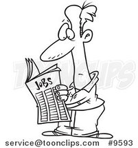 Cartoon Black and White Line Drawing of a Guy Seeking for a Job in the Classifieds by Toonaday