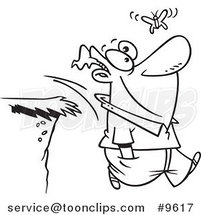 Cartoon Black and White Line Drawing of a Guy Walking off a Cliff While Following a Butterfly by Toonaday