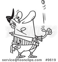 Cartoon Black and White Line Drawing of a Coach Tossing a Coin by Toonaday