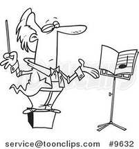 Cartoon Black and White Line Drawing of a Conductor on a Podium by Toonaday