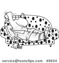 Cartoon Black and White Line Drawing of a Lazy Guy Watching Tv on a Sofa by Toonaday