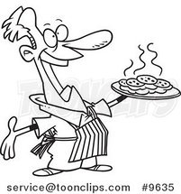 Cartoon Black and White Line Drawing of a Guy Baking Cookies by Toonaday