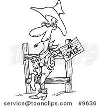 Cartoon Black and White Line Drawing of a Western Cowboy Selling Property by Toonaday