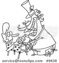 Cartoon Black and White Line Drawing of a Magician Cutting a Lady in a Box by Toonaday