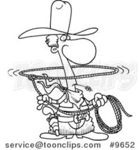 Cartoon Black and White Line Drawing of a Lasso Cowboy by Toonaday