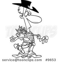 Cartoon Black and White Line Drawing of a Western Cowboy by Toonaday