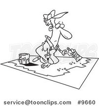 Cartoon Black and White Line Drawing of a Guy Painting a Floor by Toonaday